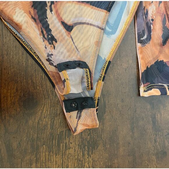 Zara Brown & Black Abstract Print Long Sleeve Sheer Bodysuit Size Medium - Picture 5 of 10